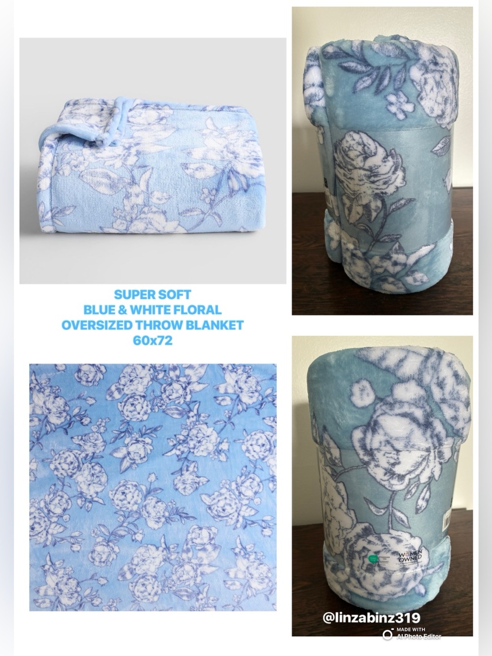 NWT- Super Soft- Blue & White Floral- Plush Oversized Throw Blanket 60x72